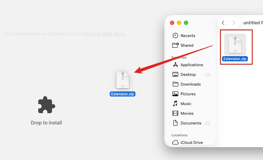 Drag the extension package into the page to install